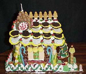Notice the wonderful chimney on this side. It is full and overflowing with chocolate miniature marshmallows. Julie used a piece of spaghetti and icing to add the wisp of smoke.