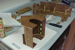 We built the gingerbread church piece by piece, with icing reinforcement on the inside and outside.