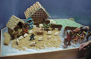 Here we are laying out the background. Still need the brown sugar sand and lots more hay. See the finished pictures !