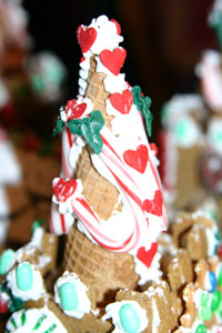 Each of the towers was topped with a snow cone turret with hearts, candy canes and leaves.