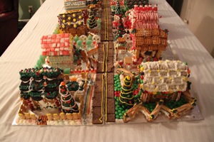 A view of the village. Note the chocolate graham cracker road & yellow icing for lines. It ties the village together nicely!