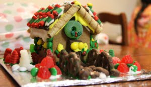 Brittany's house from the front. Notice the wreath above the door and the fence on the front path.