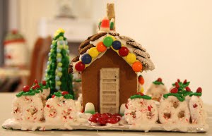 C's house from the front. The leftover Halloween chocolate bars made great windows and doors this year. Both C's had a little help from their parents. It was a family project!