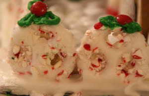 A close-up of the peppermint pretzel fence with its icing and candy decoration. These were definitely a hit this year.