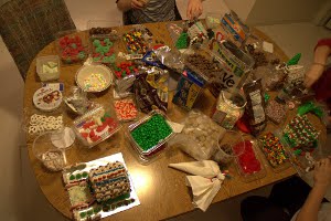 The table of candy and supplies. We also had the kitchen island covered with more fun things to use for decorating.
