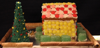 Matching yellow walls; green shrubs and a pink quinn candy house. Got those at La Candy Shoppe and they were a hit for decorating this year.