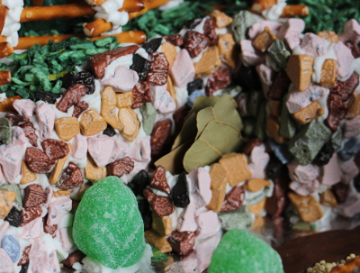 Chocolate rock corner with bay leaves growing.