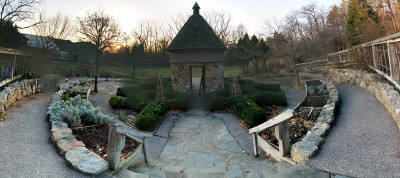 Panorama shot of the back of the herb garden.
