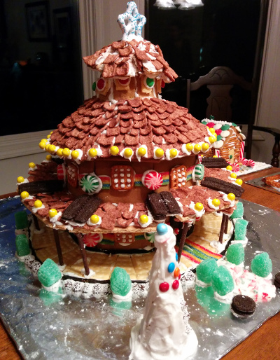 Julie made an octagon house for Marsha. Notice the snowman tree.