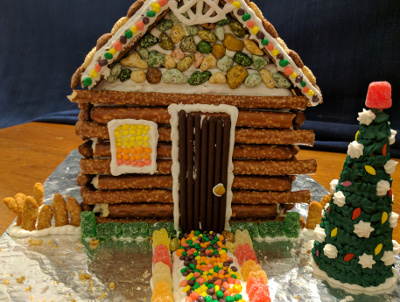 The front door. A bag of thick pretzels goes a long way for decorating a cabin!