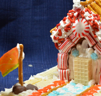 Closeup of the flag, and notice the door, and the candy canes.