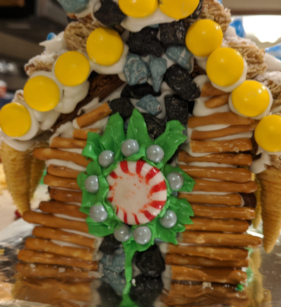 Chimney and wreath.