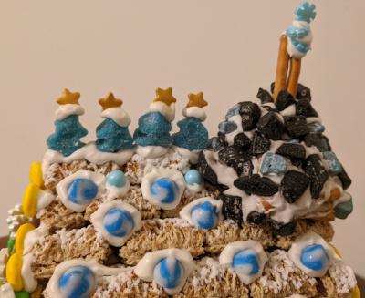 Blue & black chocolate rocks for the chimney, snowflakes in the chimney smoke. Lots of blue stuff this year on sale due to the release of Frozen 2. On the ridge are little blue trees with stars on top.